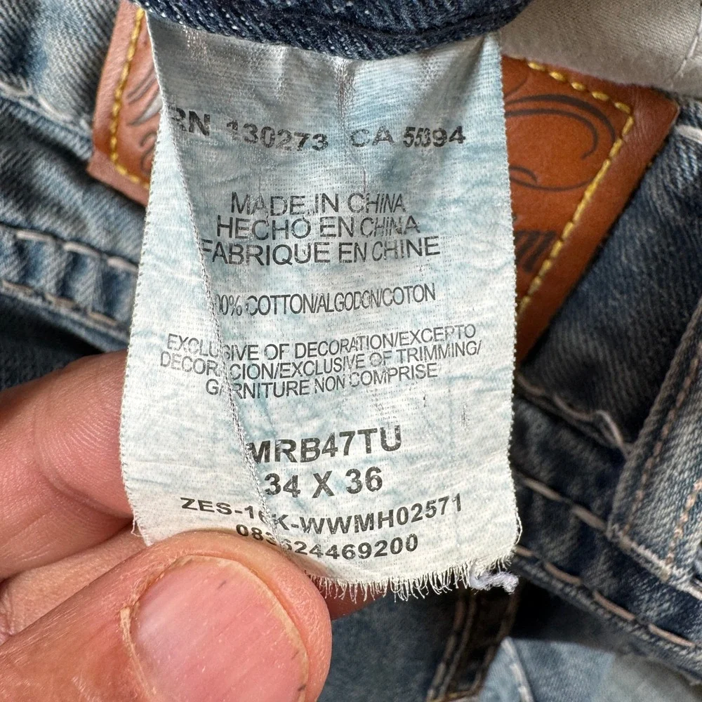 Wrangler Rock 47 Jeans Men 34x36 Blue Slim Boot Heavy Stitch Western Cowboy
